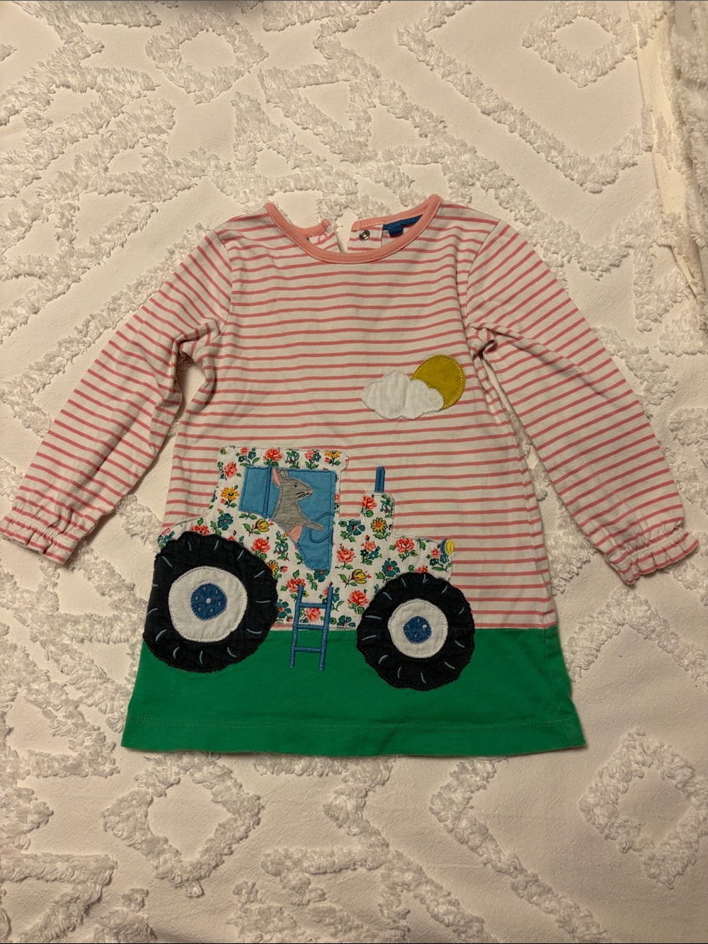 Baby Boden Pink Stripe Bunny Tractor Applique Tunic Top, 18-24 months. Twin girl